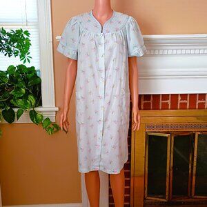 Movie Star Pastel House Coat M Blue Floral & Stripe Robe Short Sleeve Snap